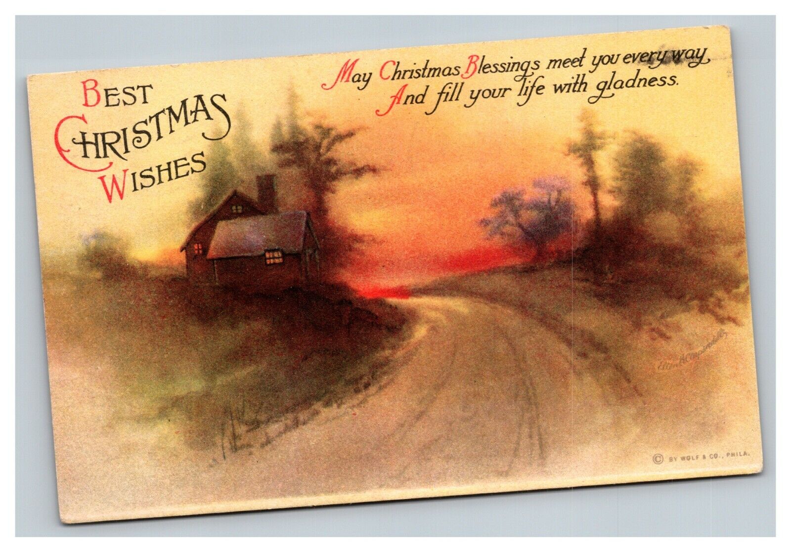 Vintage 1917 Ellen Clapsaddle Christmas Postcard Wolf Publishing Country Scene