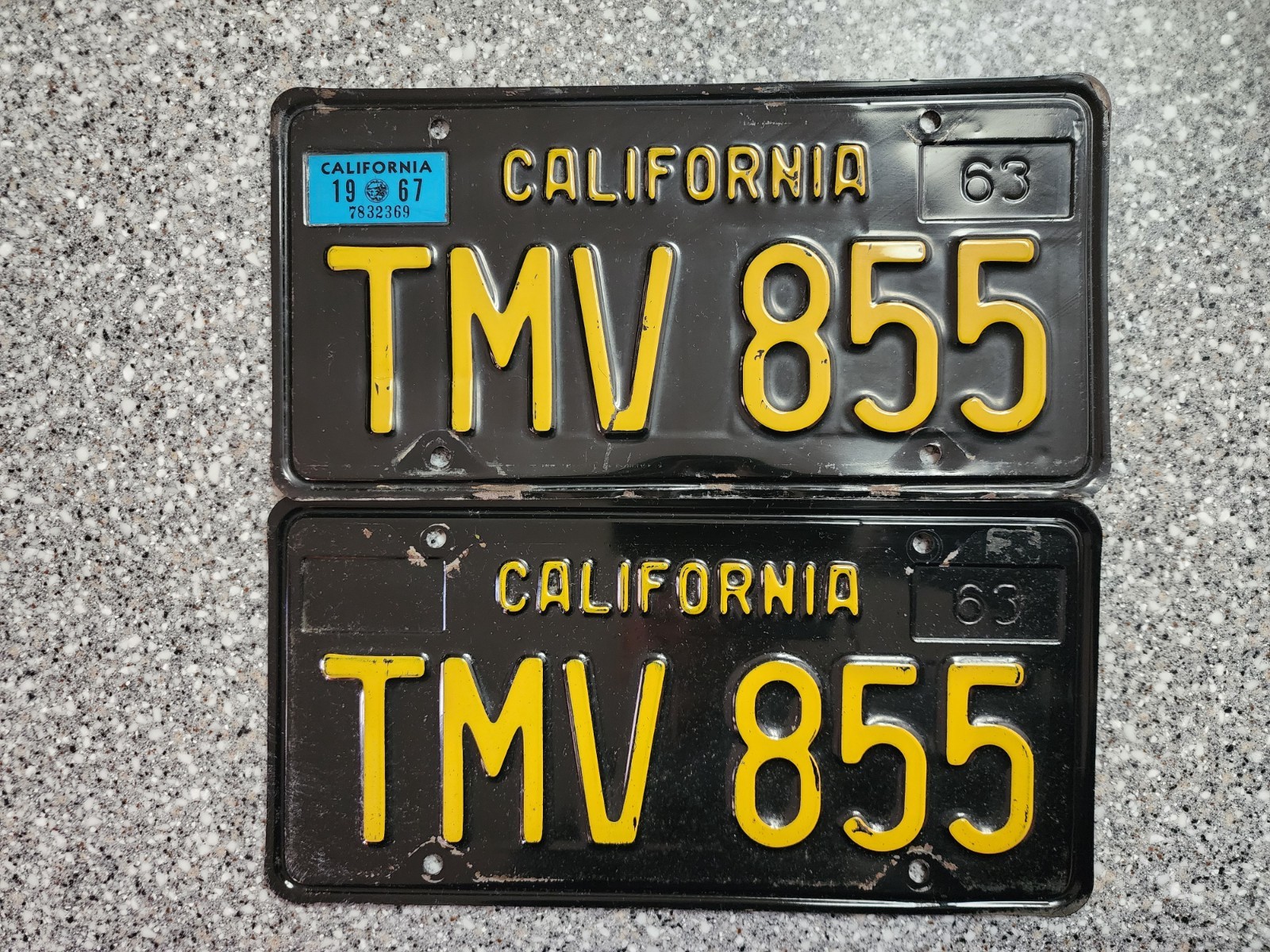 1963 Black California License Plates, 1967 Validation, DMV Clear Guaranteed, G 1963 Black California License Plates, 1967 Validation, DMV Clear Guaranteed, G