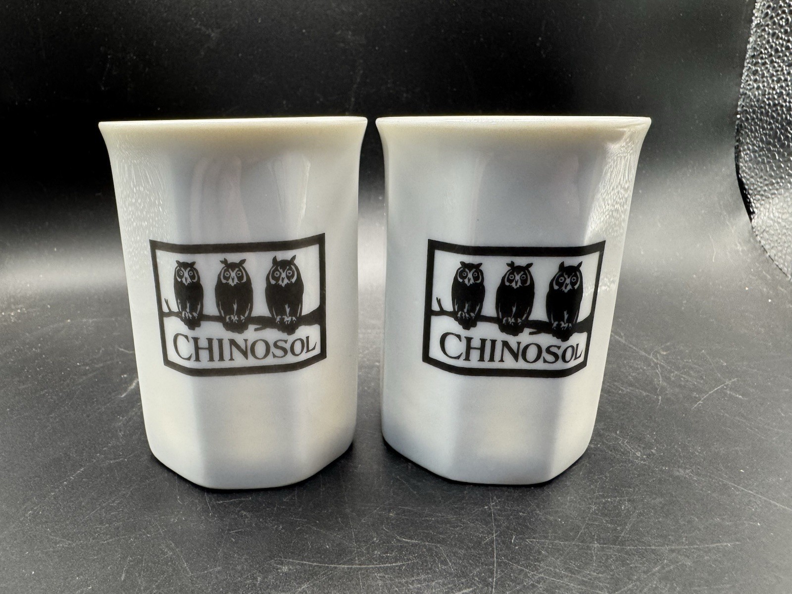 Vintage Chinosol Owl Pharmaceutical Advertising Mugs White Ceramic Pair Of 2