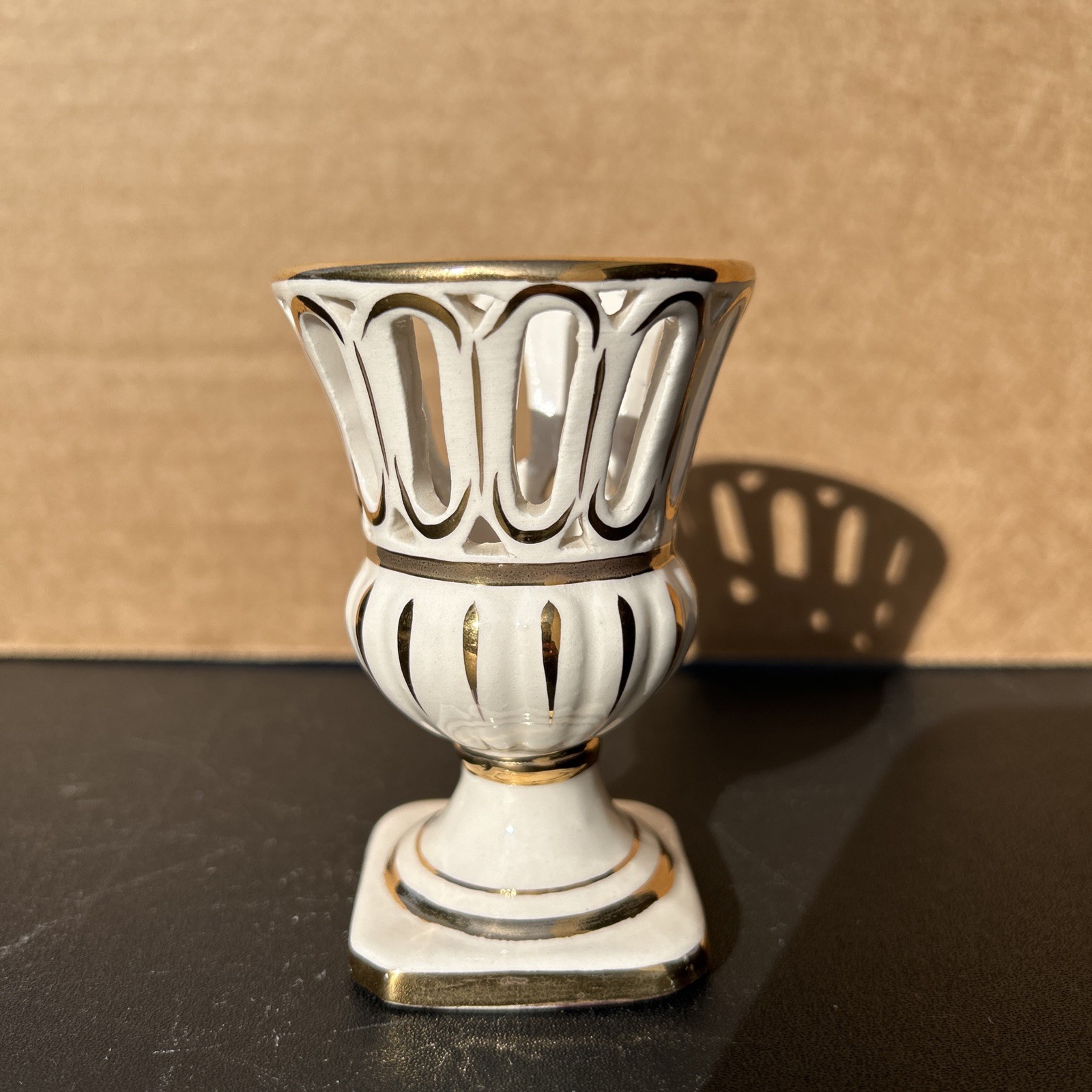 Vintage KBNY Italy Reticulated Mini Urn Vase White Gold Gilt Mold 1364/299 MCM