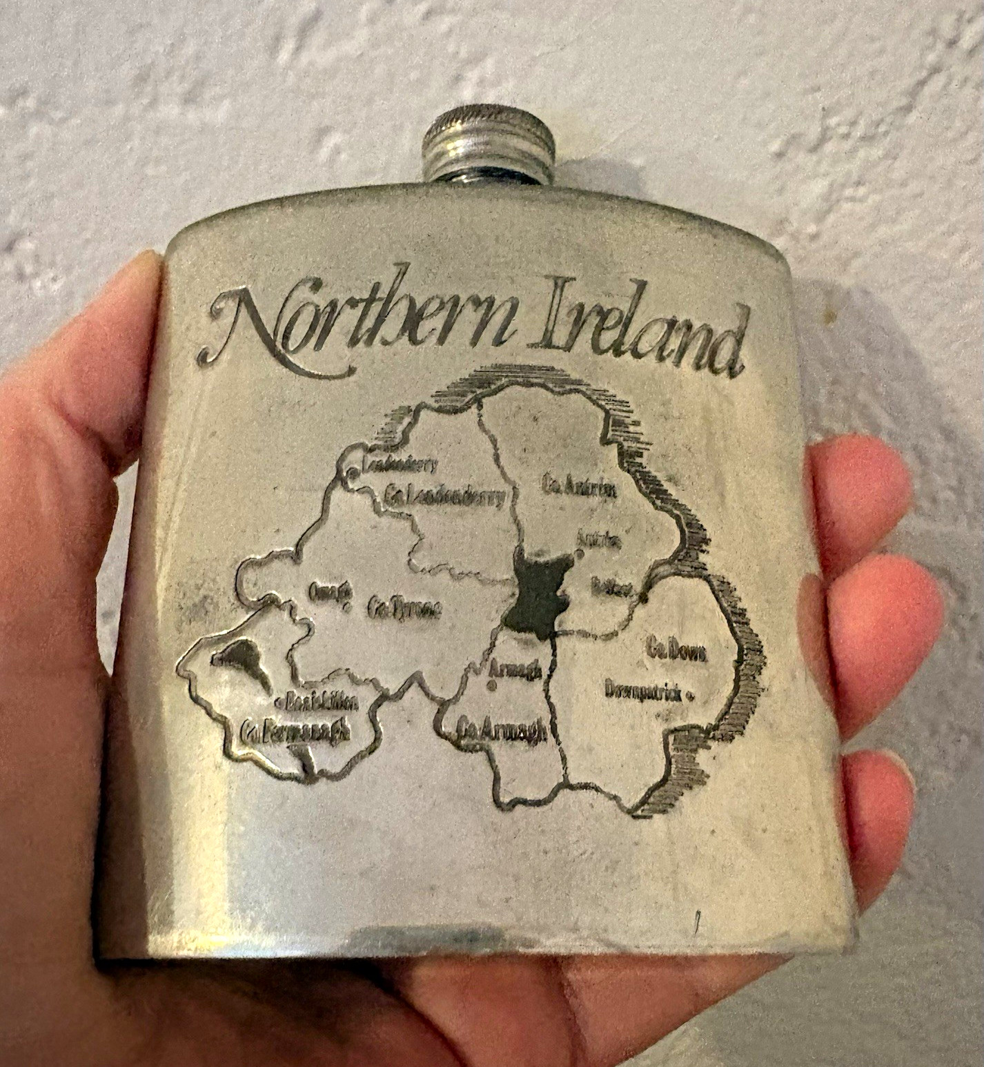 Vintage 4oz Sheffield Fine British Pewter Flask Northern Ireland Map Belfast