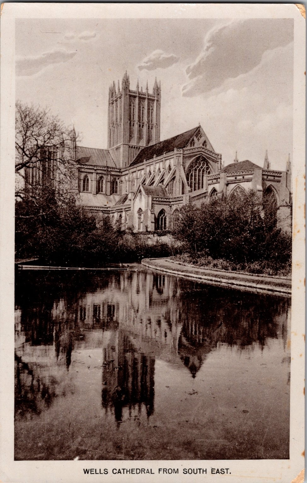Wells Cathedral South East View Reflection Vintage Sepia Postcard B.S. Gooding