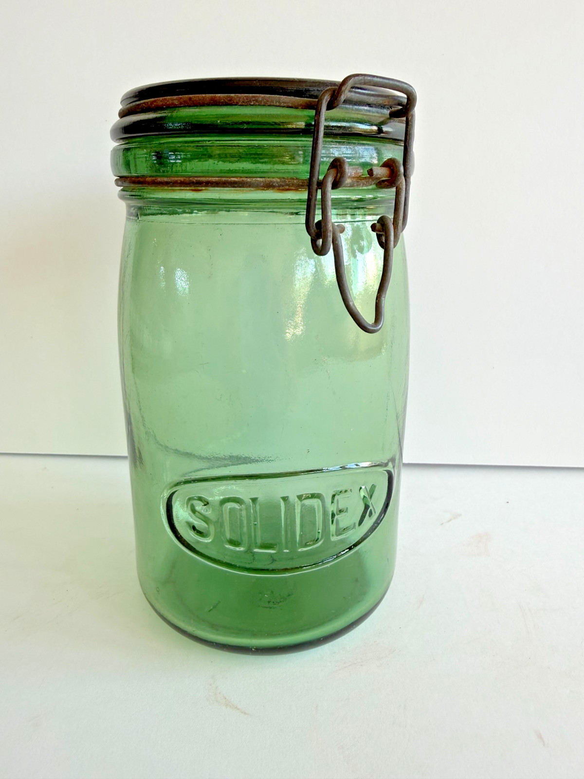 Vintage French SOLIDEX Green Glass Canning Jar 1L Wire Bail Lid Farmhouse