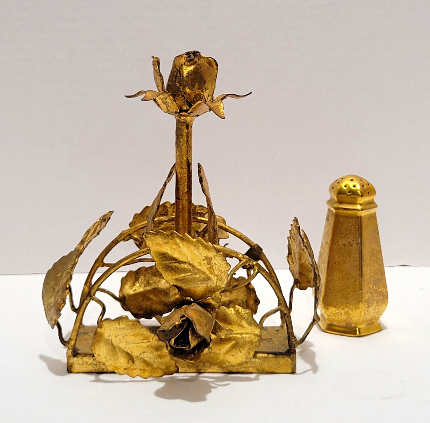 vtg Italian gold gilt tole rose metal salt pepper shaker caddy holder 