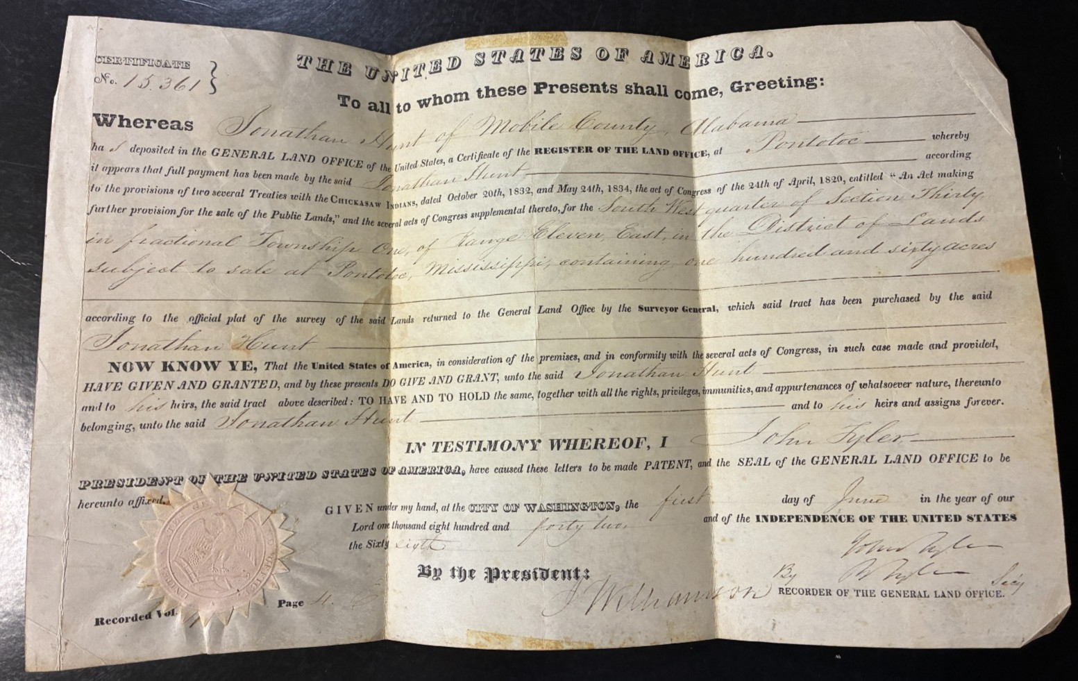 1842 John Tyler Secretarial Signed Land Patent Document Chickasaw Cession MS