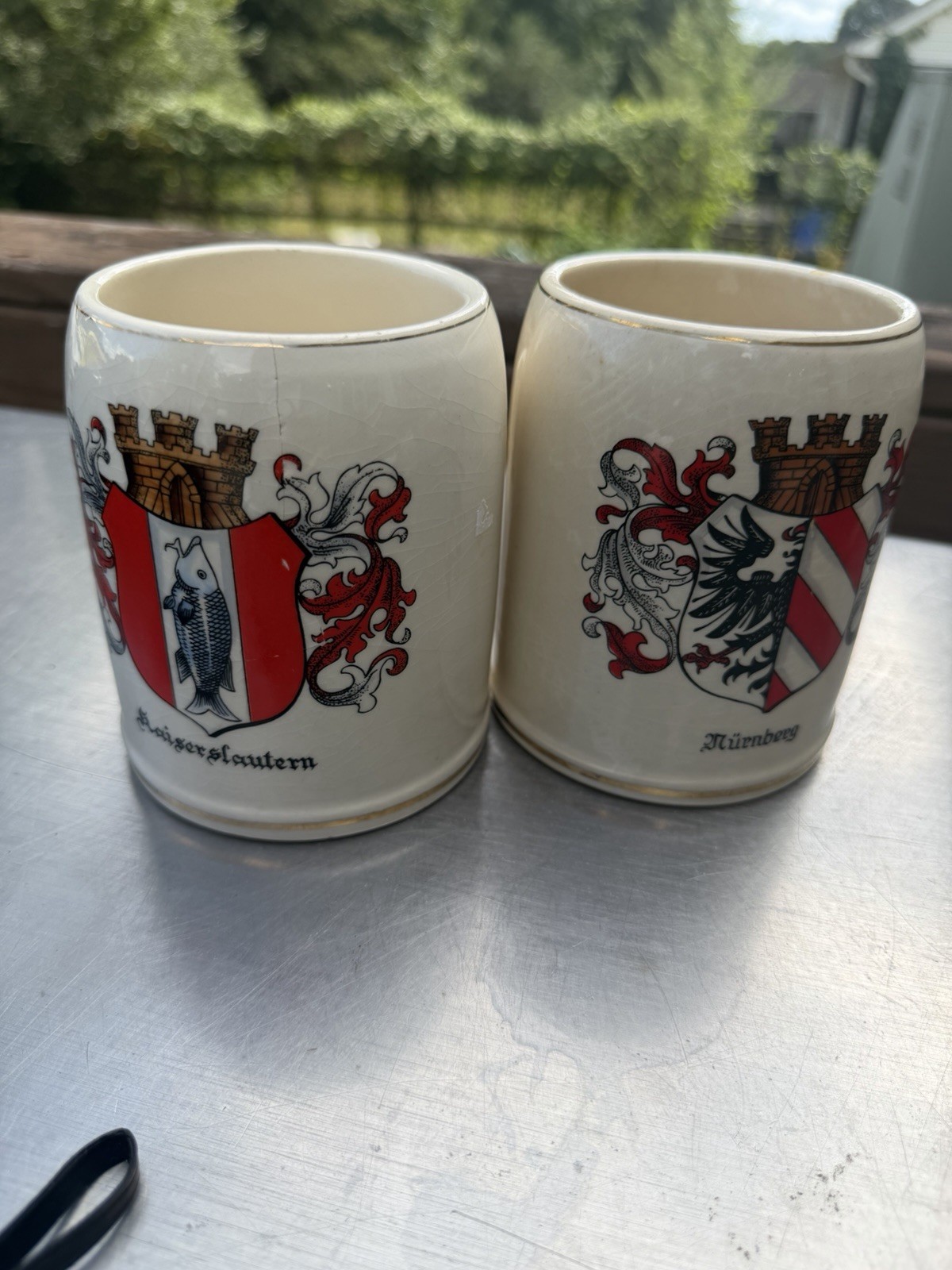 Vintage A Wilhelm German Beer Steins Hand Painted Heraldic Coat of Arms Set of 2