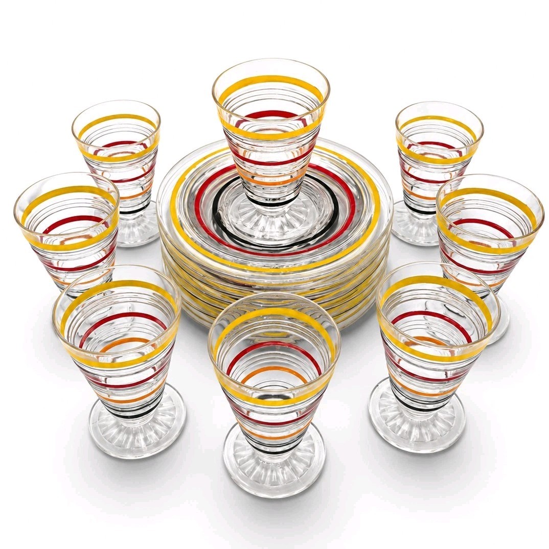 VTG Anchor Hocking Banded Rings Ring Ding Snack Set Juice Glasses 16 Pc