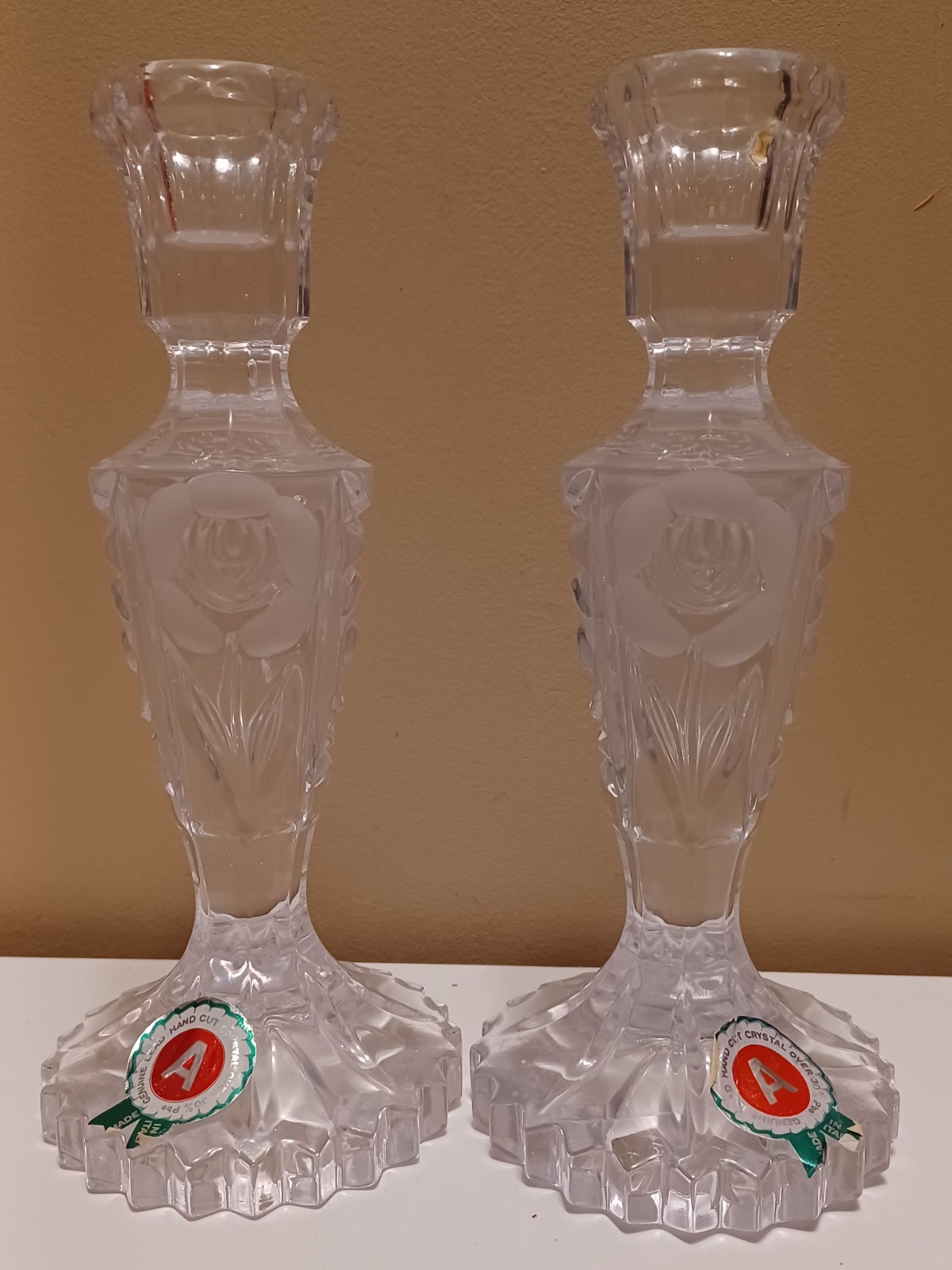 2 Crystal Etched Rose & Star Sawtooth Round Base CandleStick Holders Heavy Italy