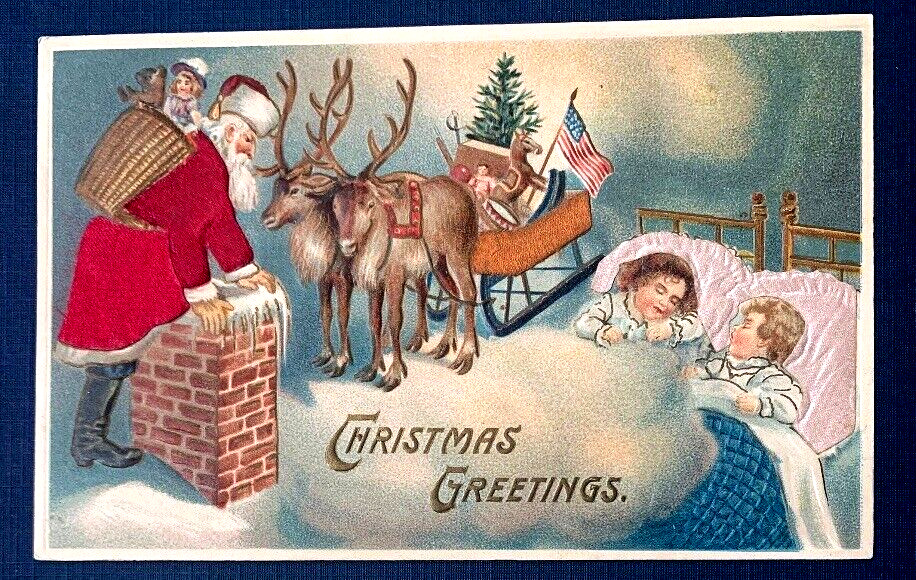Patriotic~SILK Santa Claus w/ Children~USA FLAG~Chimney~ Christmas Postcard~k249