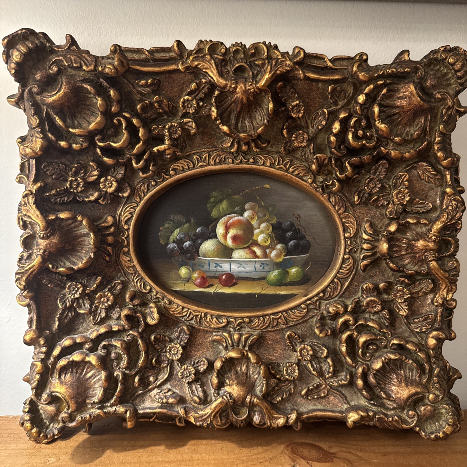 Vintage Ornate Gold Baroque Rococo Style Frame Fruit Still Life Painting 12x13