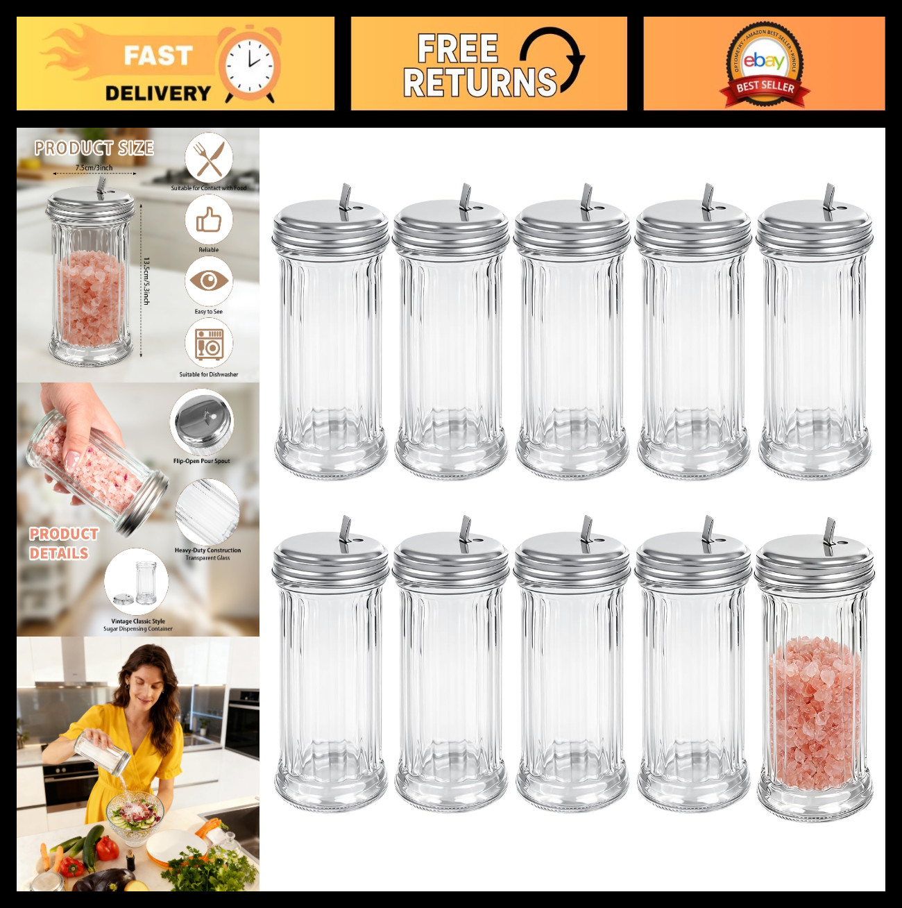 12 oz Glass Sugar Shaker Set of 10, 5.3'' Pourer Dispenser with Flap Lid