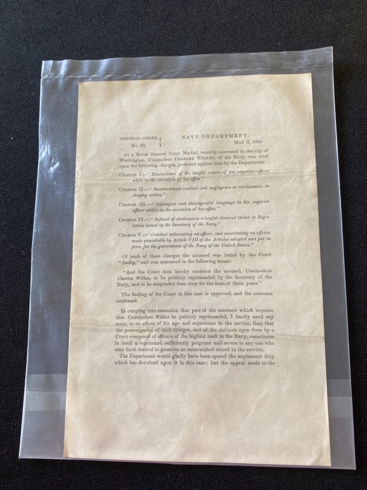 The Second Court Martial of Commodore Charles Wilkes 3/3/1864 General Order