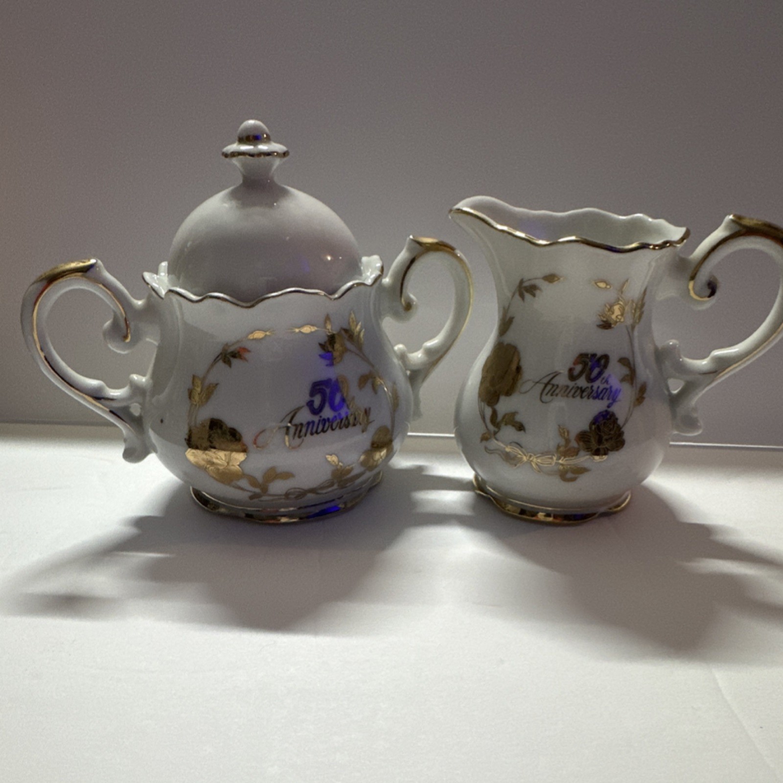 Porcelain Anniversary Creamer & Sugar Set White Gold Floral Glazed 2pc