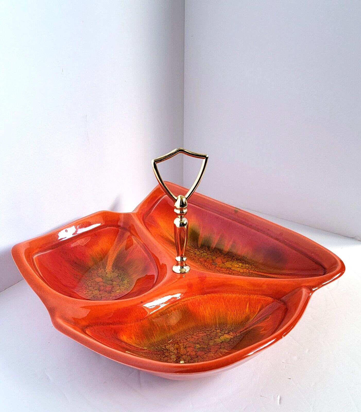Vtg Mid Century Modern Orange Ceramic Relish Candy Serving Condiment Dish Tray