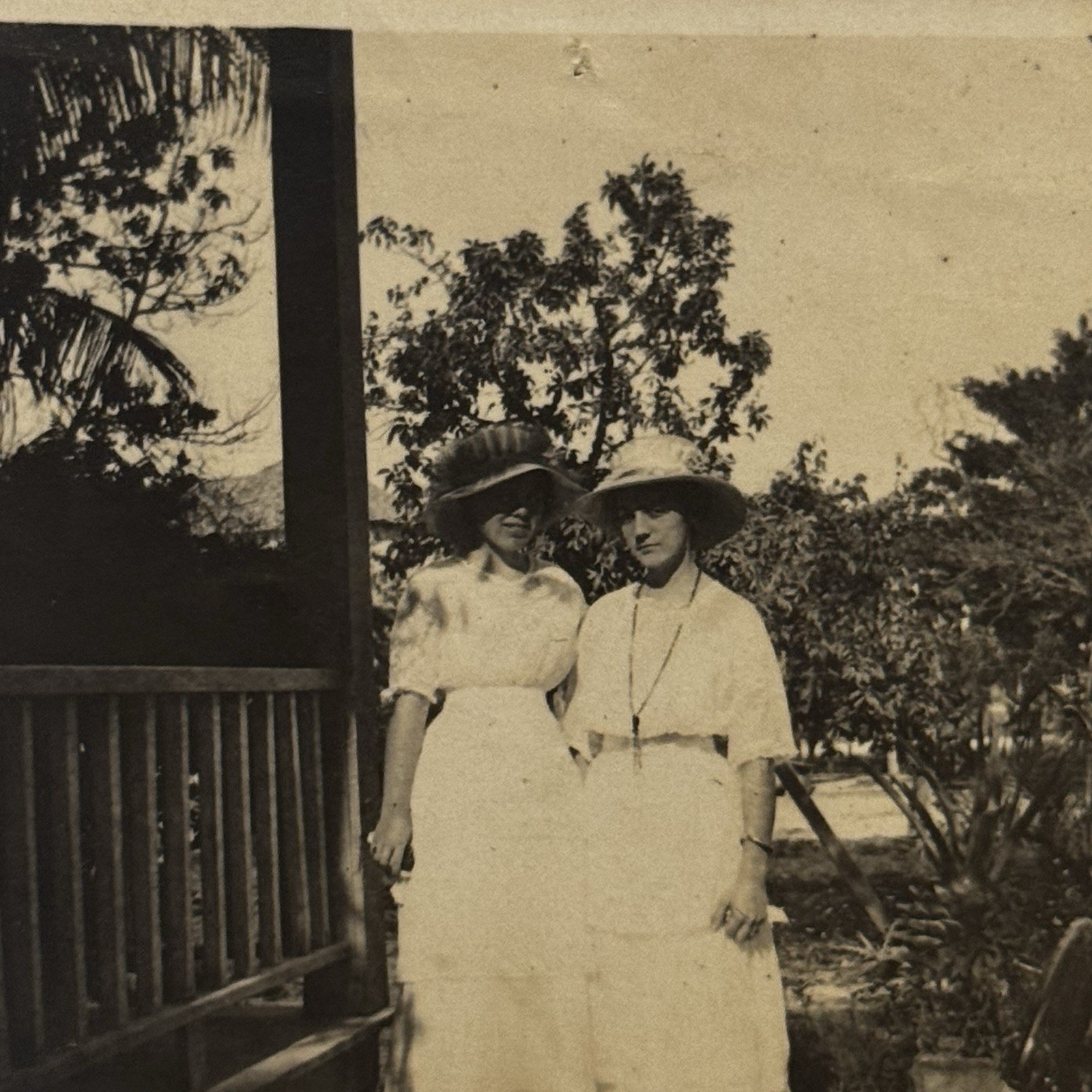 Antique Snapshot Photo Two Women White Dresses Wide Brim Hats Garden