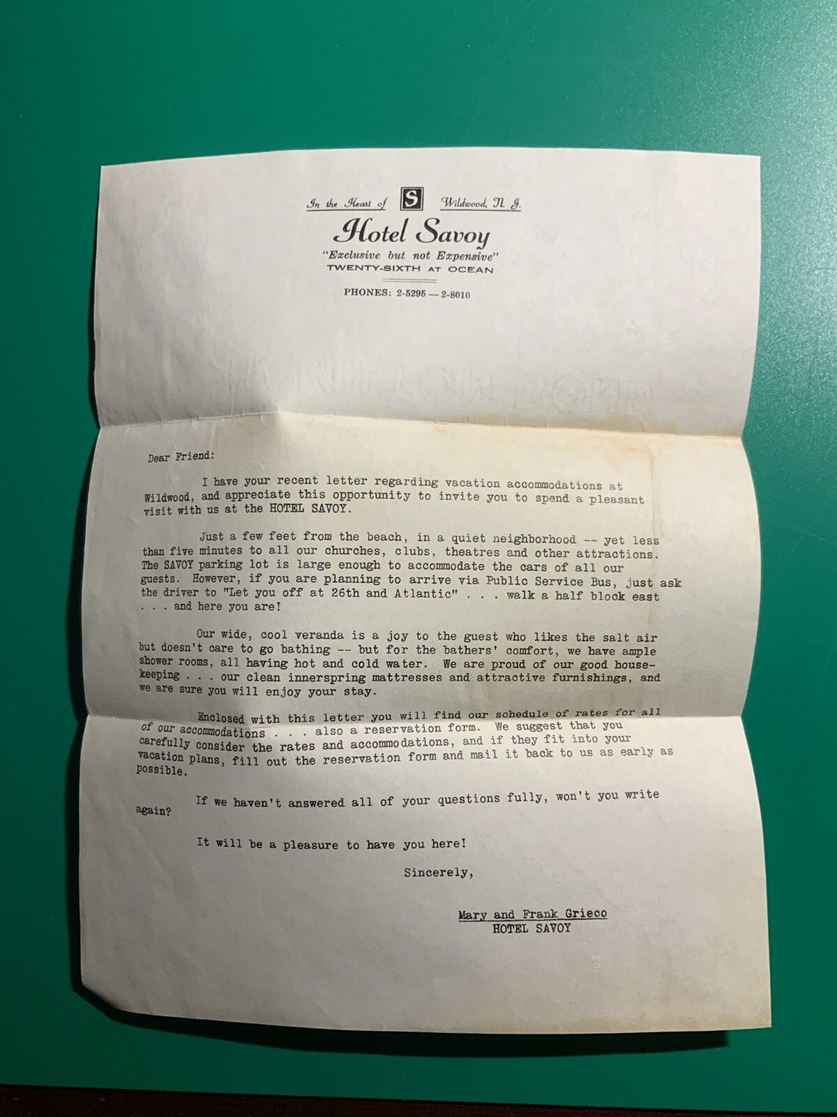 Hotel Savoy 26th at Ocean Wildwood New Jersey NJ Vintage Letter