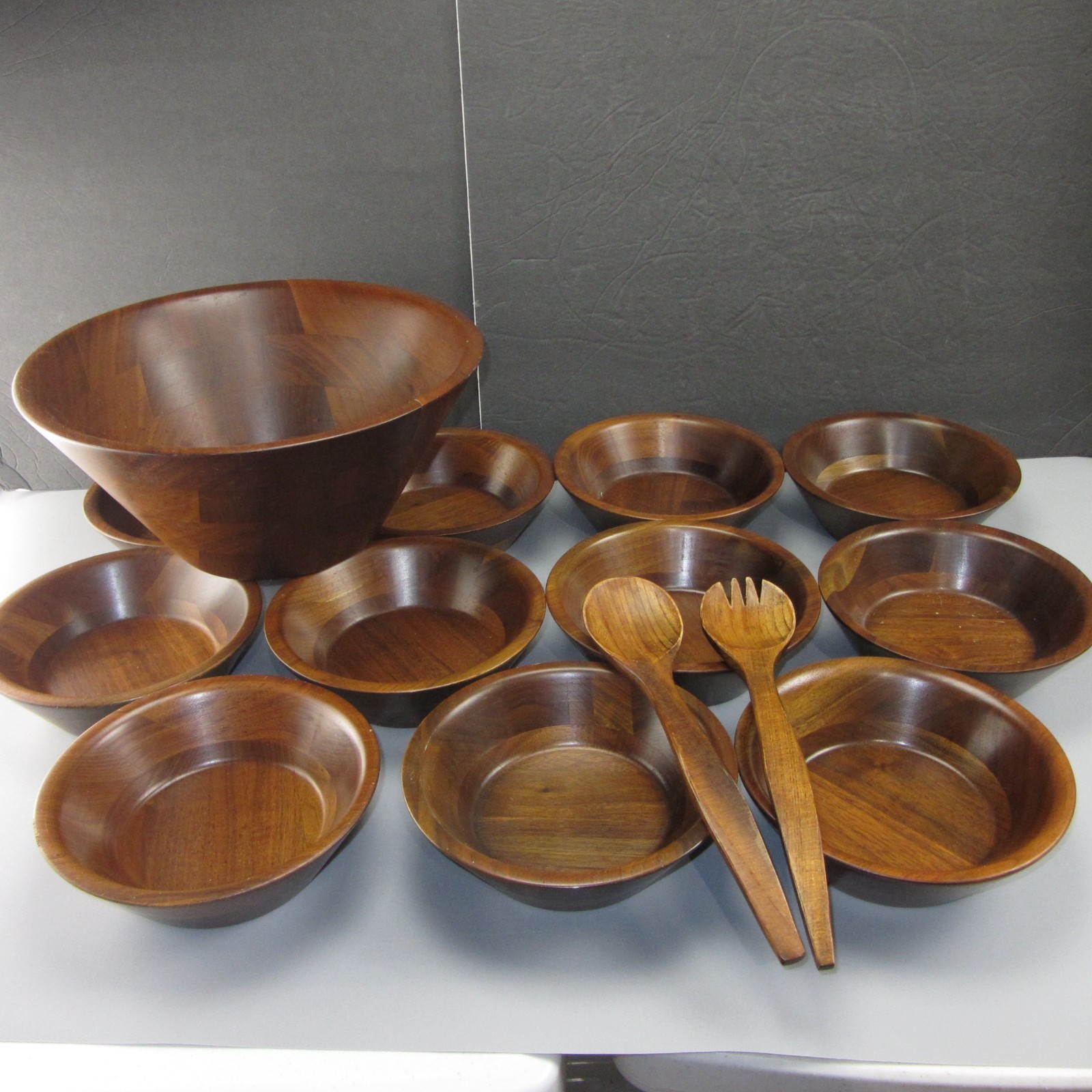 Vintage Vermillion Walnut Mid Century Wood Salad Bowls and Utensils 14 Piece Set