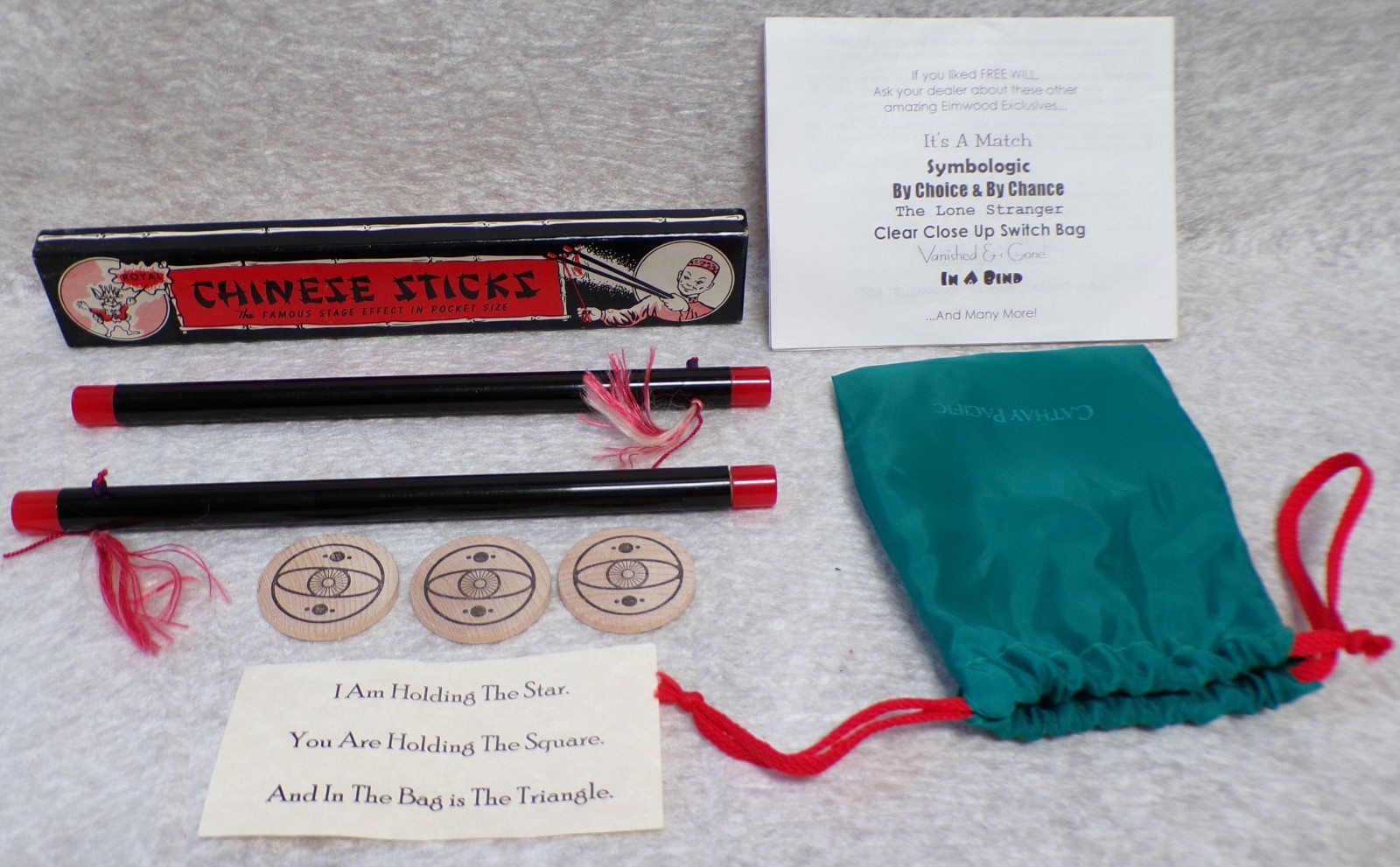2 VINTAGE MAGIC TRICKS ROYAL CHINESE STICKS IN BOX + ELMWOOD 3 WOOD CHIPS + INFO