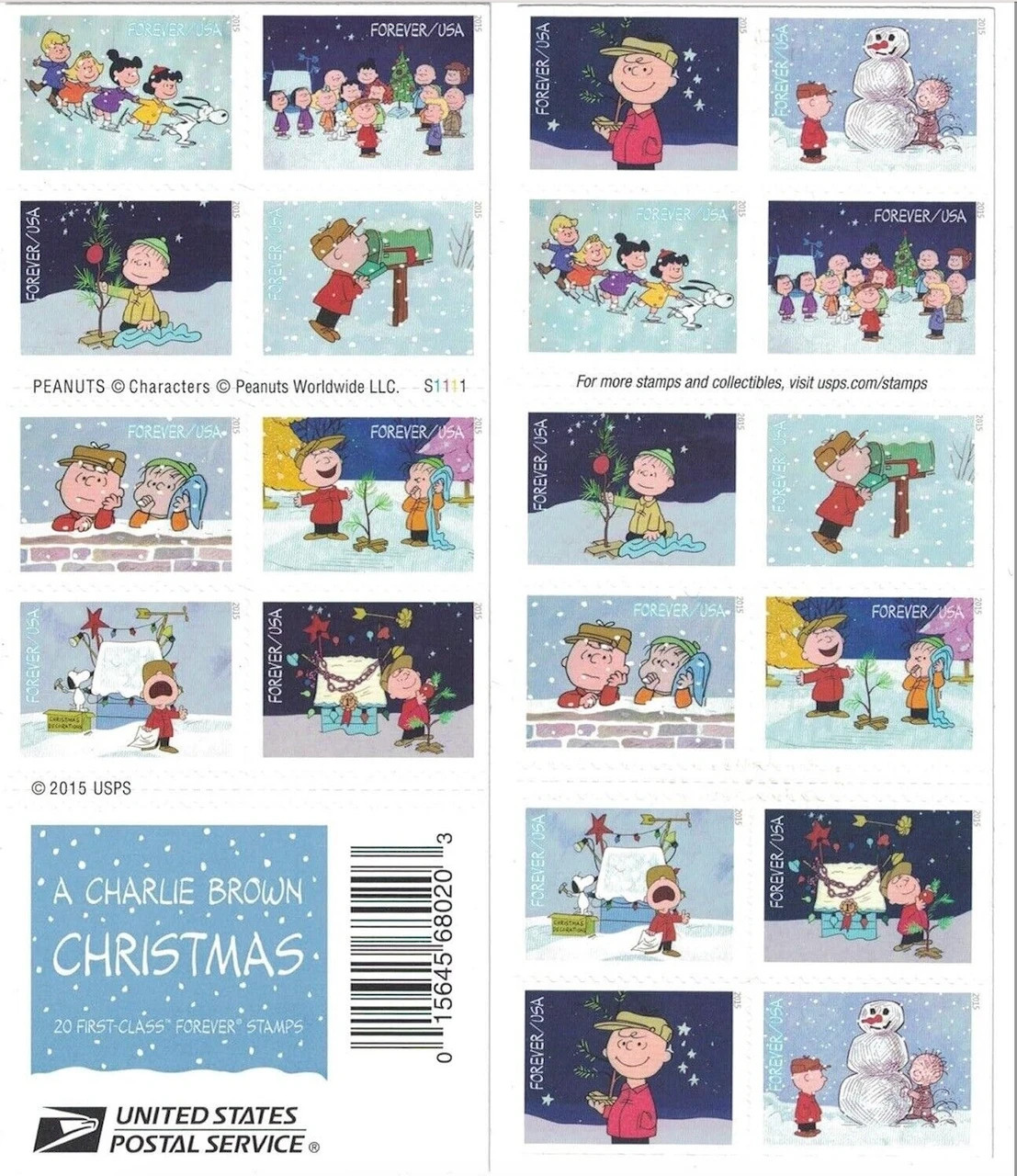 USPS Postage Stamps Sheet of 20 - Charlie Brown Christmas - First Class Letter
