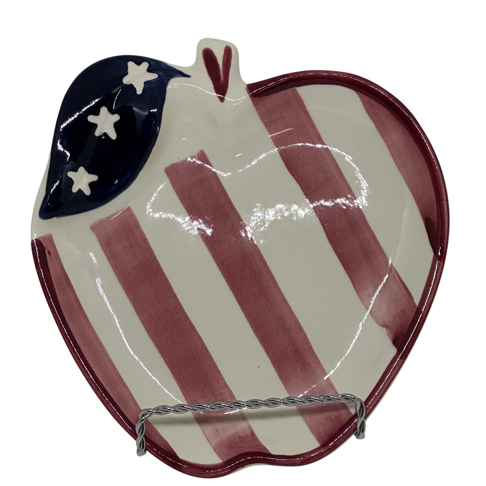 VTG Laurie Gates Designs Apple Trinket Dish Red White Blue Stars Stripes 1996