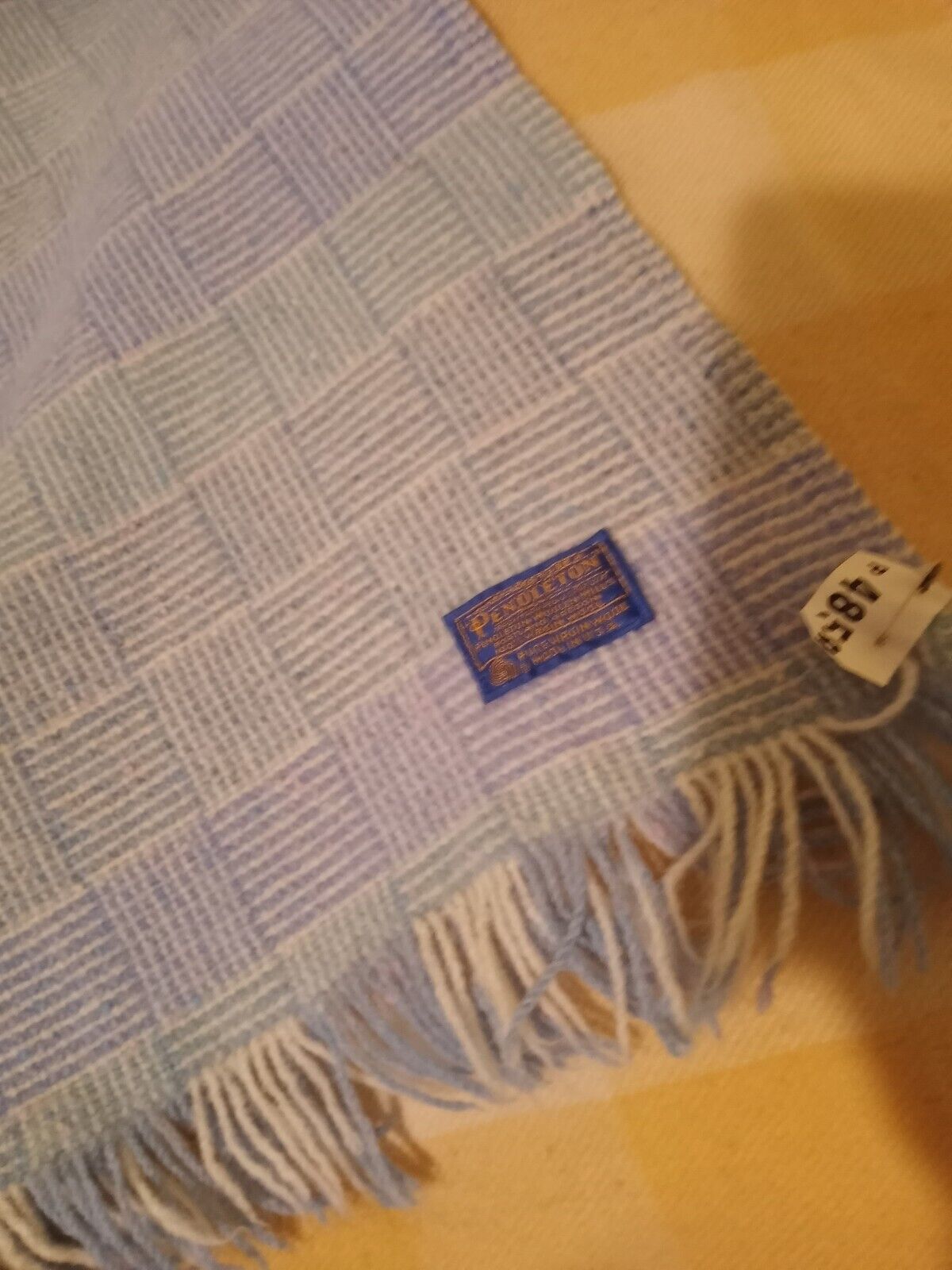 Vtg Pendleton Blanket 100% Virgin Wool Blue & Wh Checkerboard Fringed 50x60 Rare