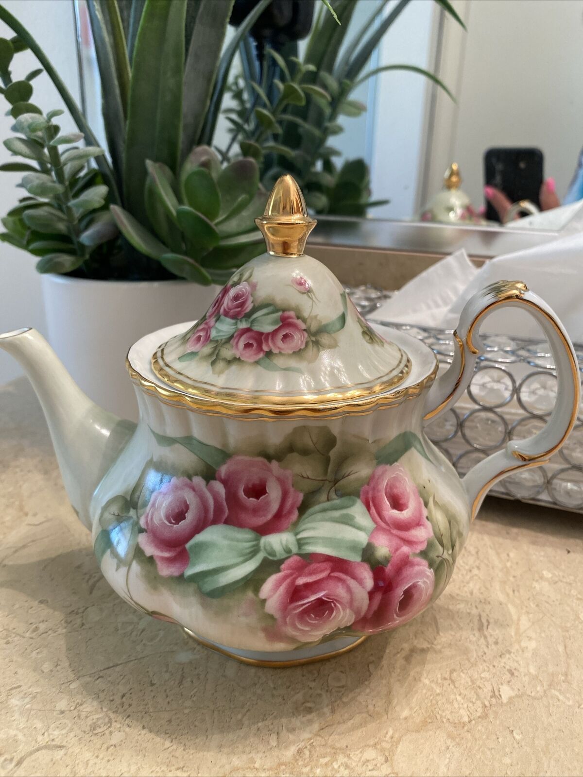 Vintage  Burton & Burton Rose Garden Flowers Teapot  With Gold Trim