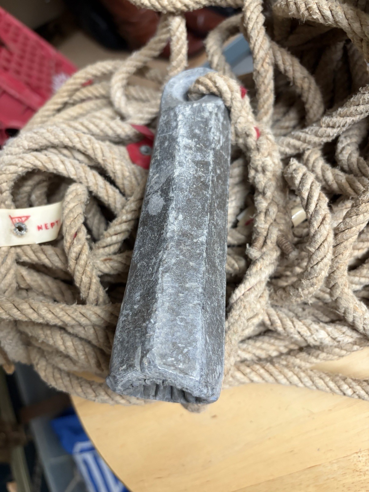 Vintage Marine Neptune hand Rope, tagged, lead sounding weight 5lb