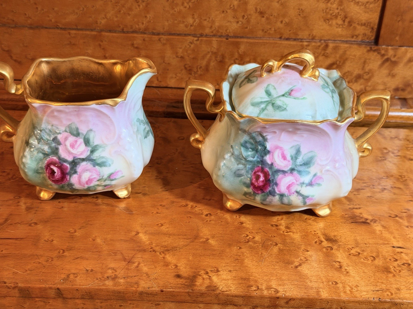 Antique Bavarian Footed Sugar & Creamer Hand Painted Floral w/Gilded Trim Signed