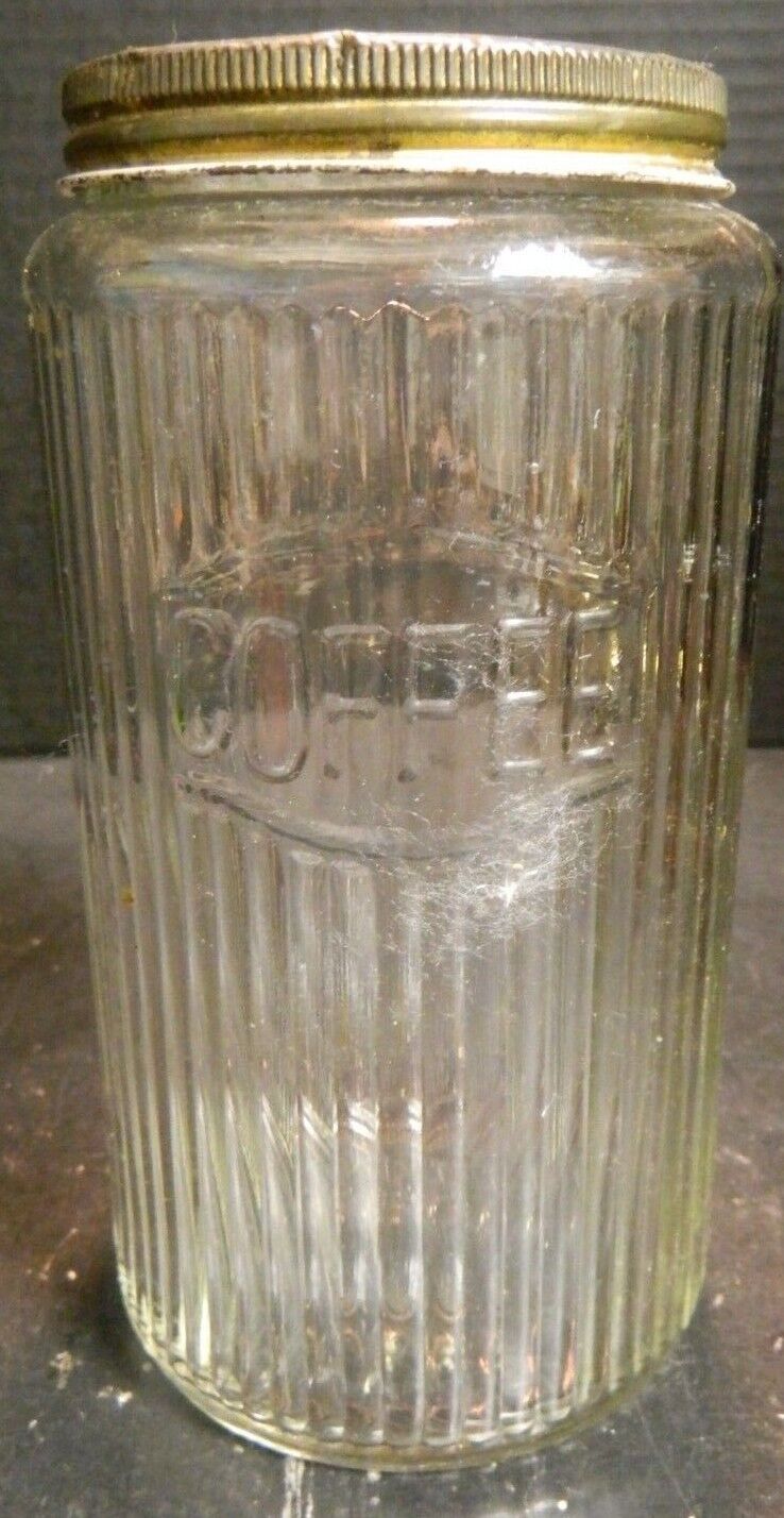 Vintage Clear Depression Glass Ribbed Coffee Canister Zinc Lid 7.75\