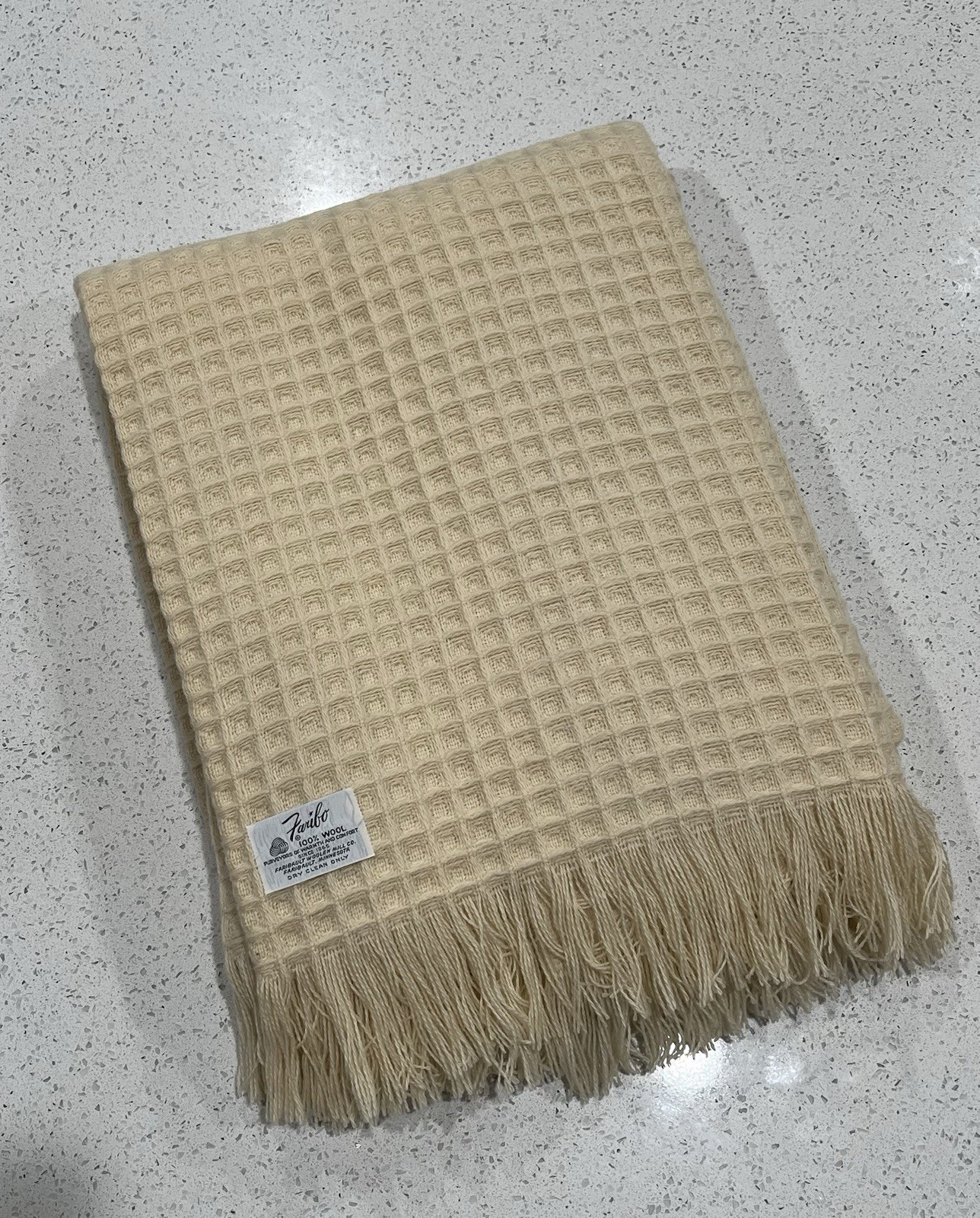 Faribo Vintage Woolen Mills 100% Wool Waffle Blanket Throw 50 x 70 Cream Fringe
