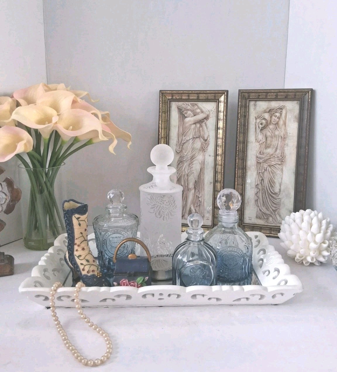 VTG 'Blue' Vanity Set w/Glass Bottles; Ceramic Boot + Purse Trinket Box + Tray 