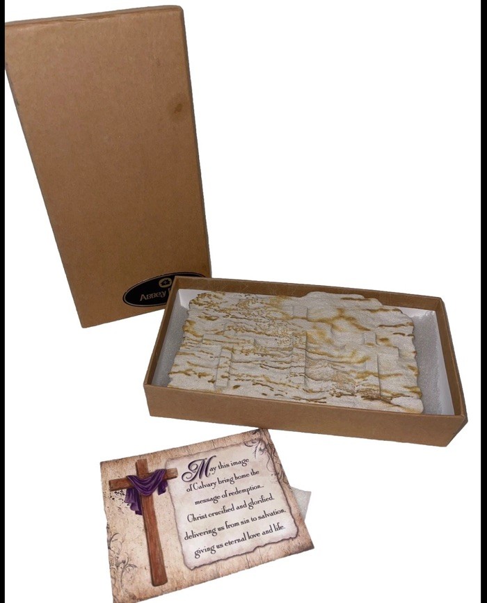 Nice New OS  Abbey Press Rare Sand Stone Sculpture Calvary 3 Crosses Jesus 