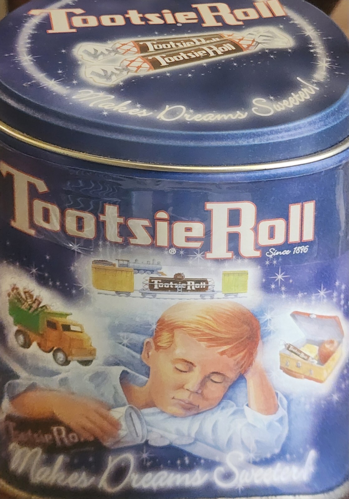 Vintage Tootsie Roll Tin Can-Tootsie Roll Makes Dreams Sweeter Empty Metal Candy