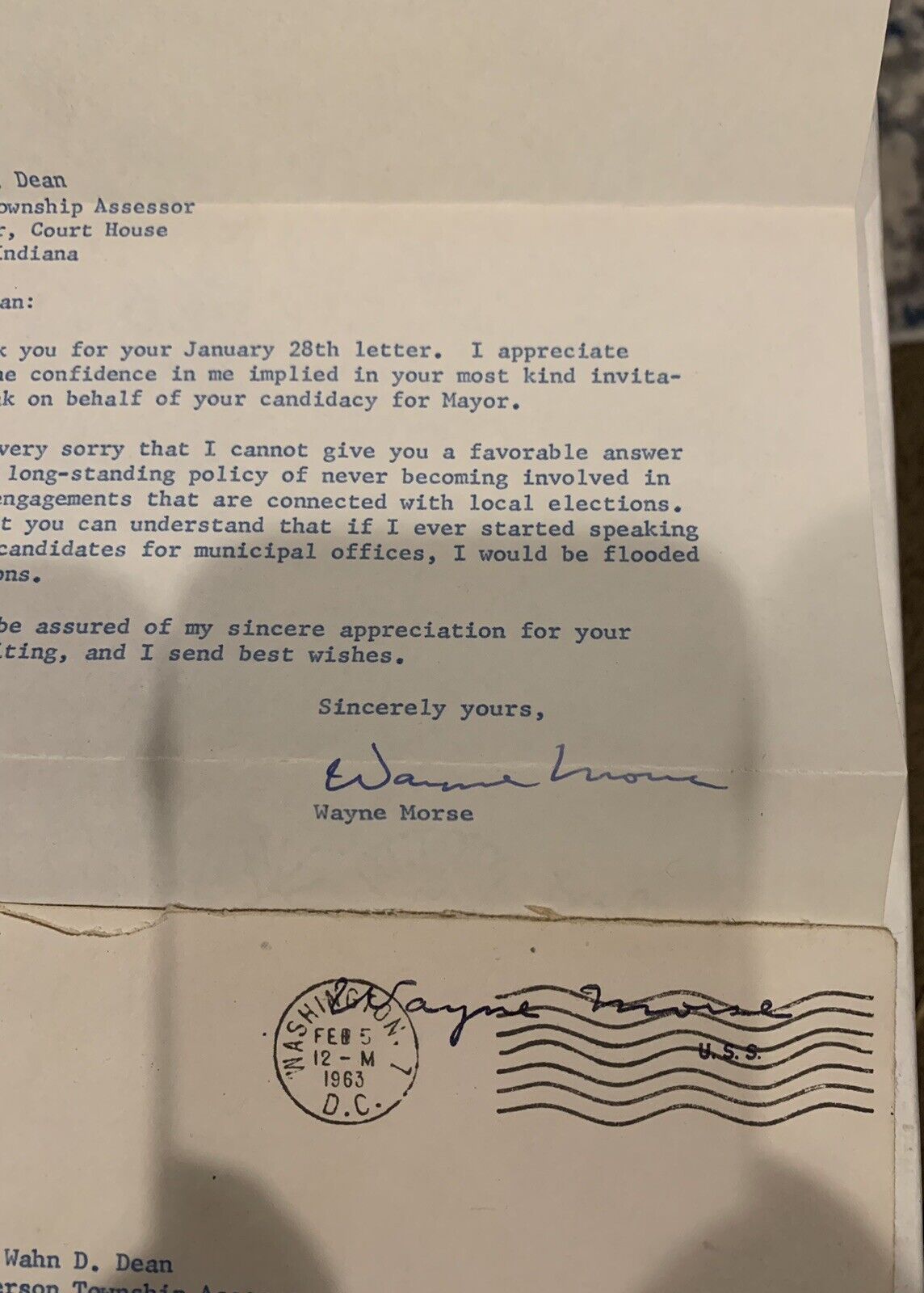 US Senate Letter 1963 Wayne Morse