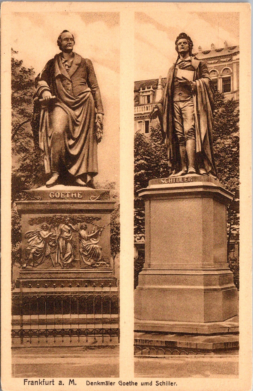 Statues Goethe Schiller Frankfurt Germany Monuments Historic Vintage Postcard