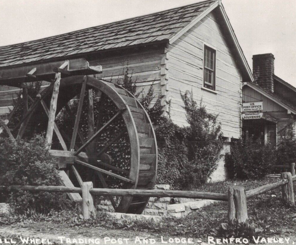 C.1905 RPPC Renfro Valley KY Post Office Old Mill Wheel Trading Post Lodge Truck