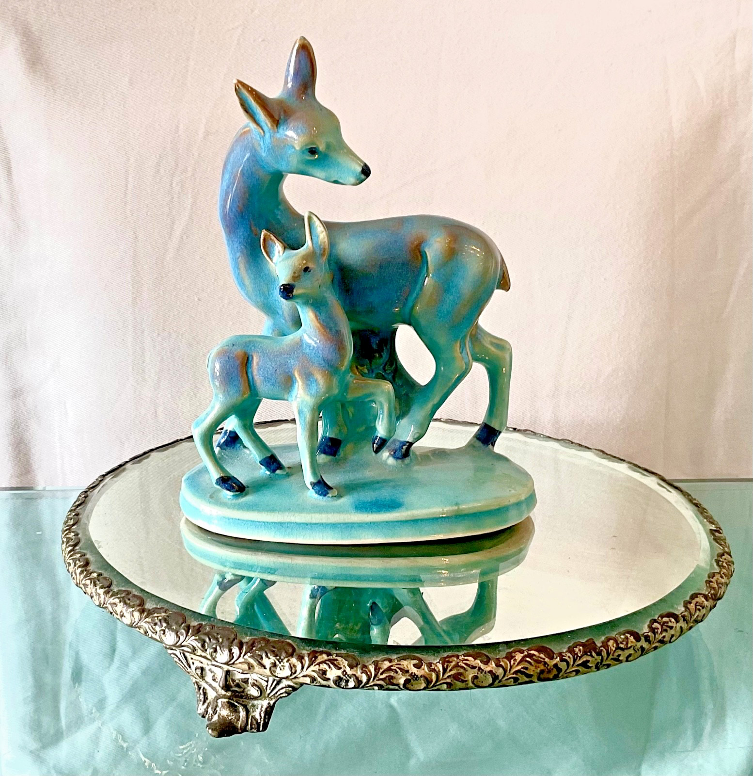 Vintage Aqua Blue Doe & Fawn Ceramic / Porcelain Figurine JAPAN Deer