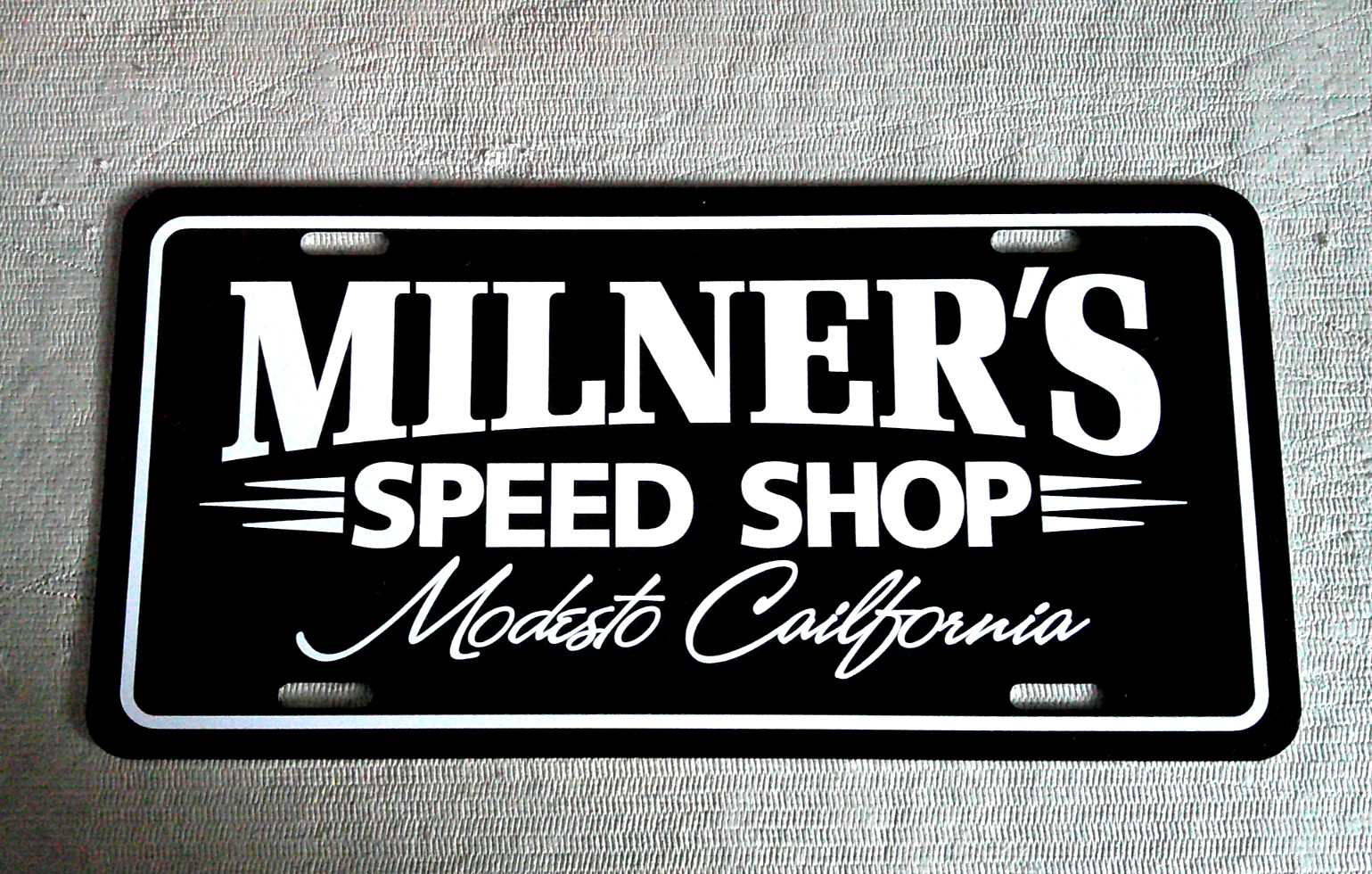 Milner\'s SPEED SHOP license plate tag   american graffiti movie hot rod 32 coupe