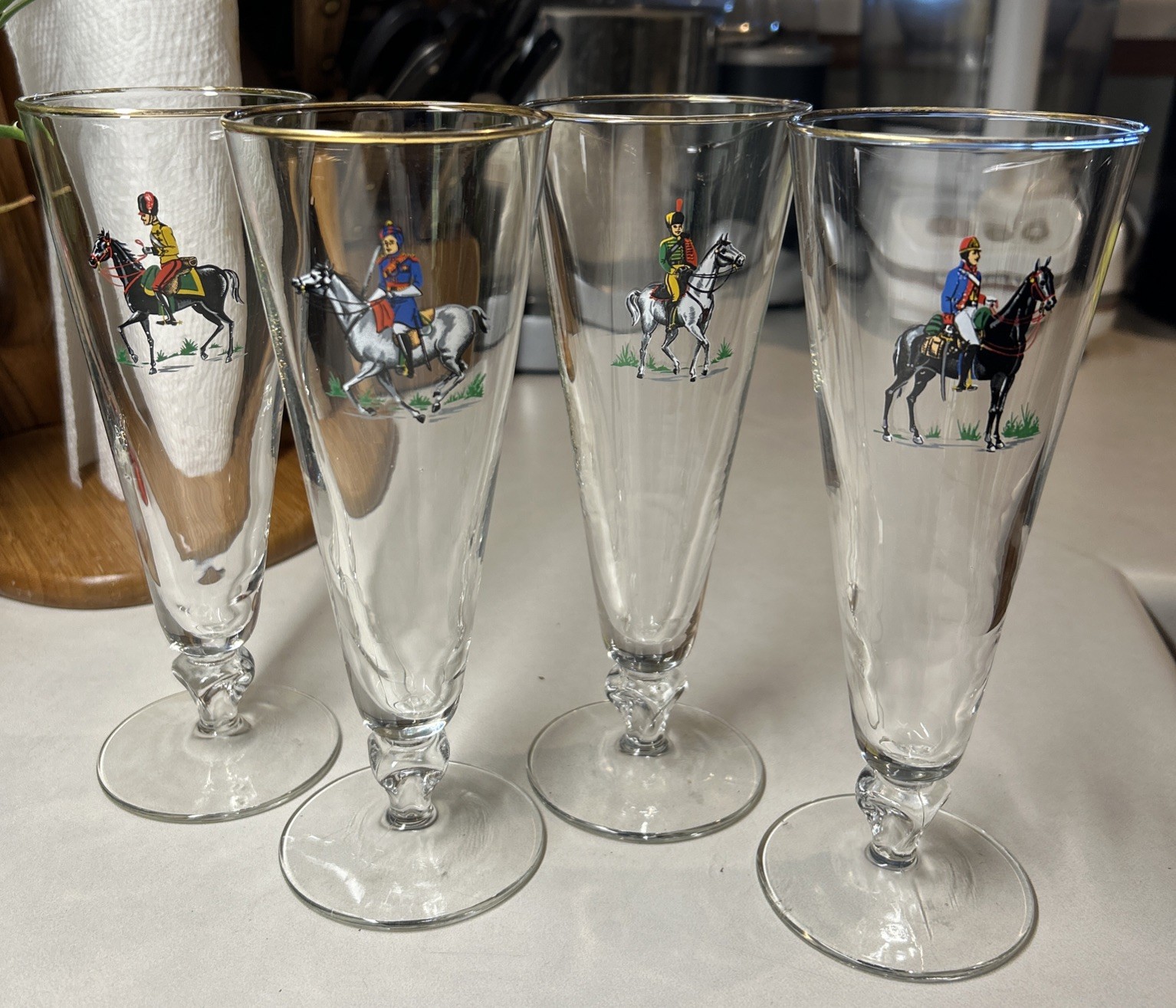 Vintage Heidelberg Cavalry/ Military Horse And Rider Pilsner Glasses, Set of 4