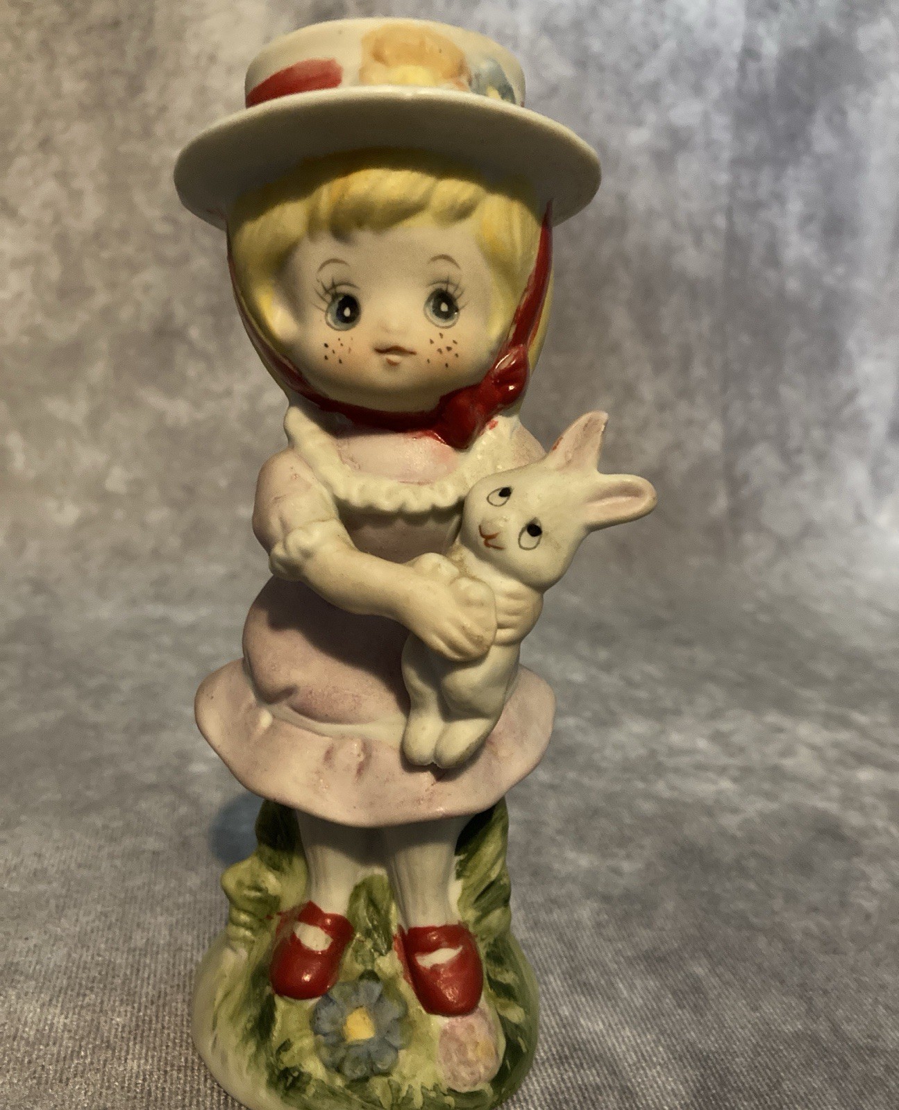 Vintage Ceramic Girl Holding Rabbit Figurine Hand Painted Easter Spring Decor