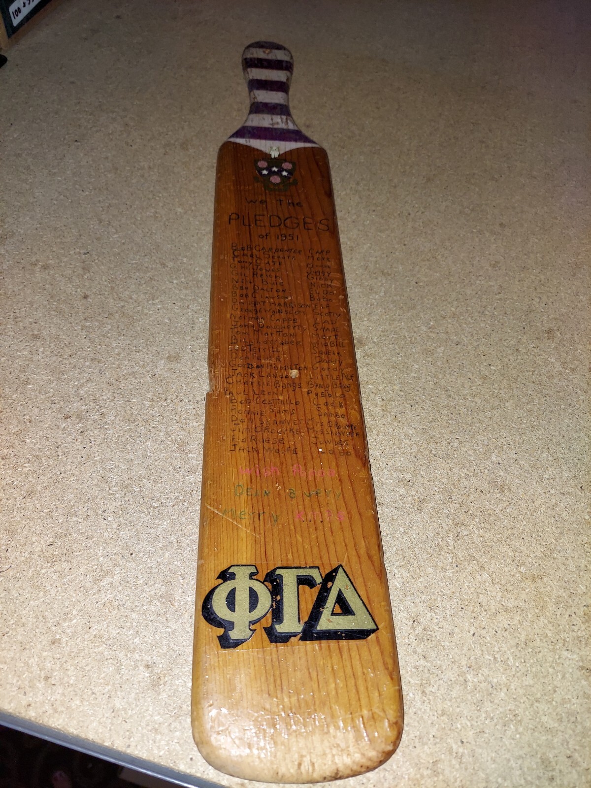 Phi Gamma Delta Antique 1951 Fraternity Wood pledge paddle. Carp Amazing