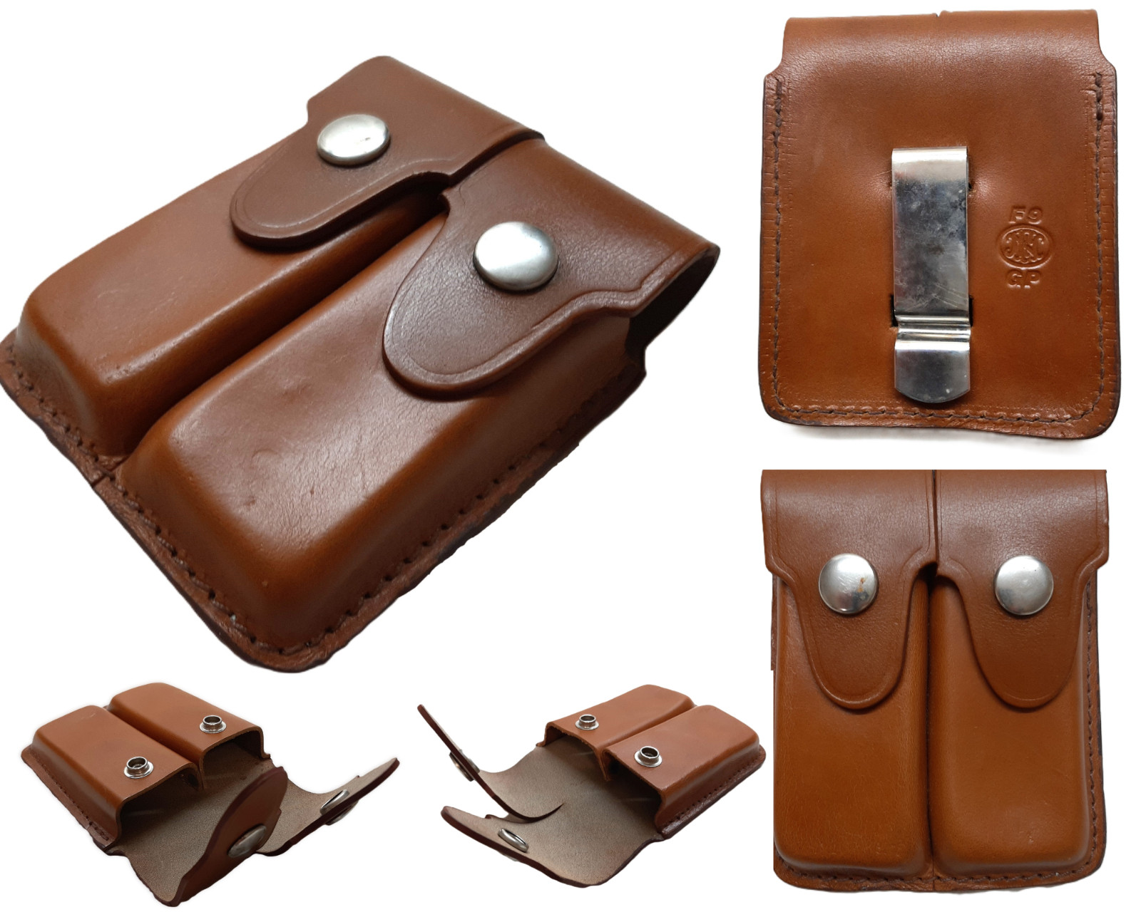 FN Ammo Pouch Leather U.S F9 GP Double Magazine Clip / Belt Clip Twin Mag Holder