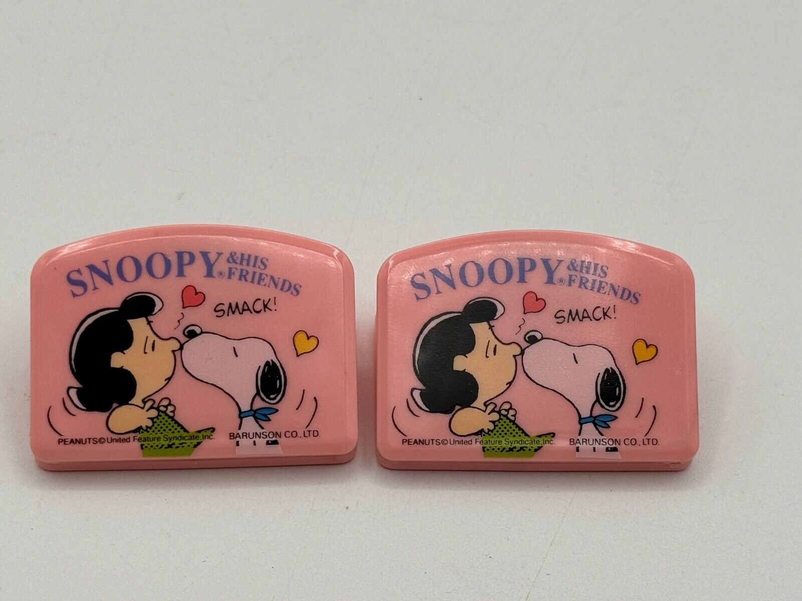 Pair of Vintage Snoopy and Friends Lucy Peanuts Pink Clips Barunson Fancy Korea