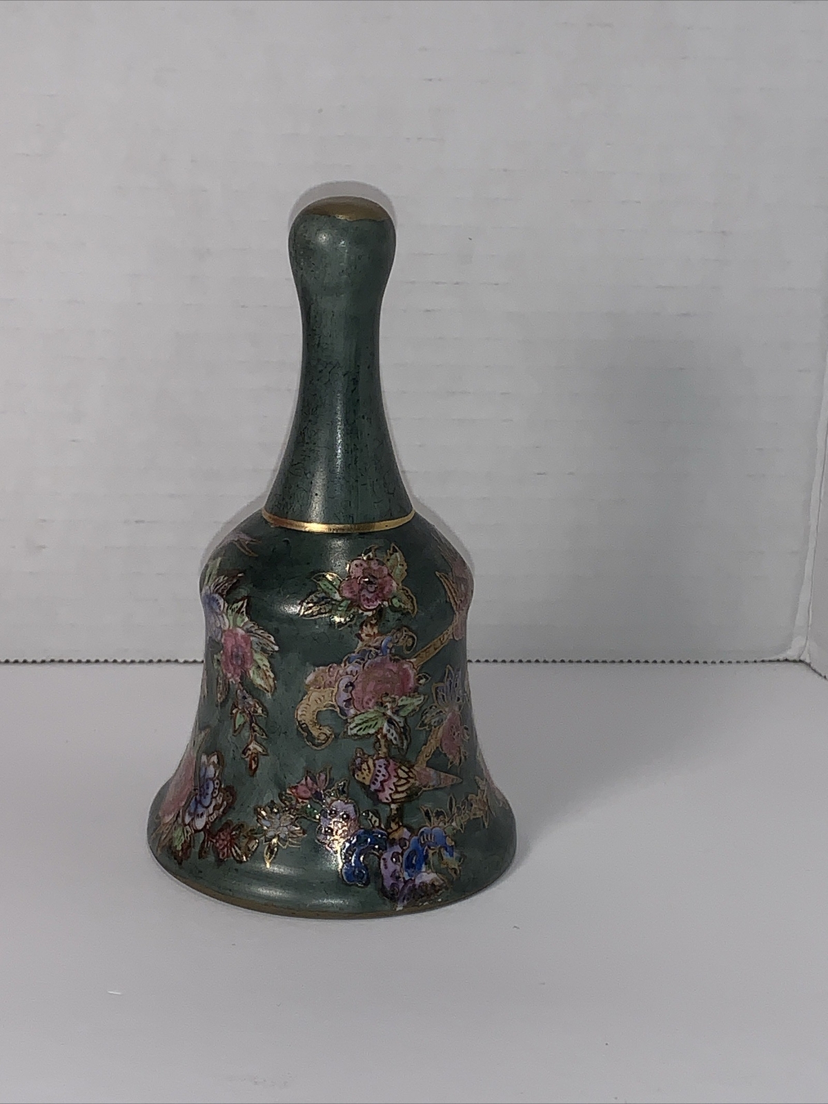 Vintage Green Ceramic Hand Painted Bell Flowers Birds Gold Trim 5”tall 3”