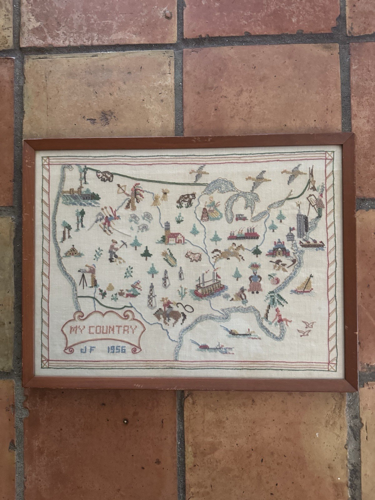 1950’s Large Framed Cross Stitch Sampler of United States - “My Country”