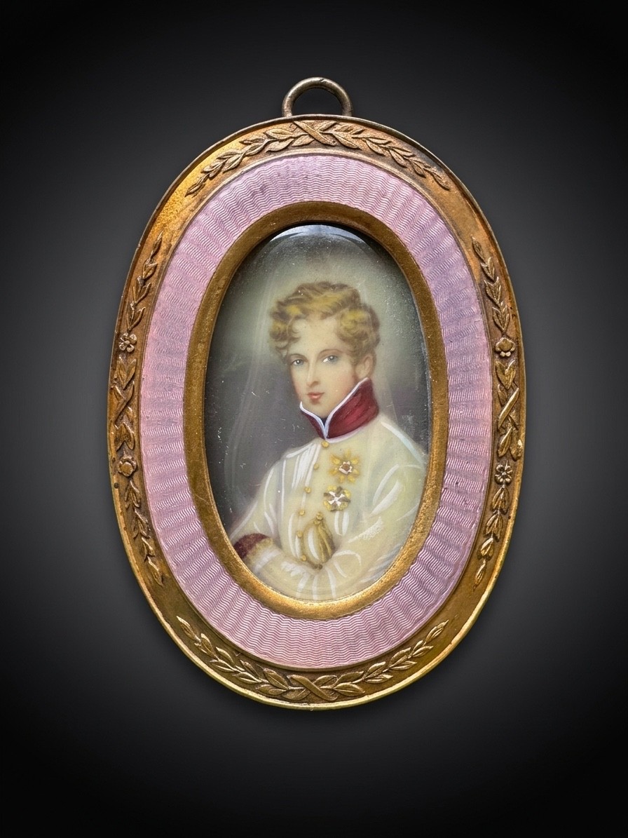 ANTIQUE NAPOLEON II MINIATURE PORTRAIT PINK GUILLOCHE ENAMEL BRONZE FRAME 8X6 CM