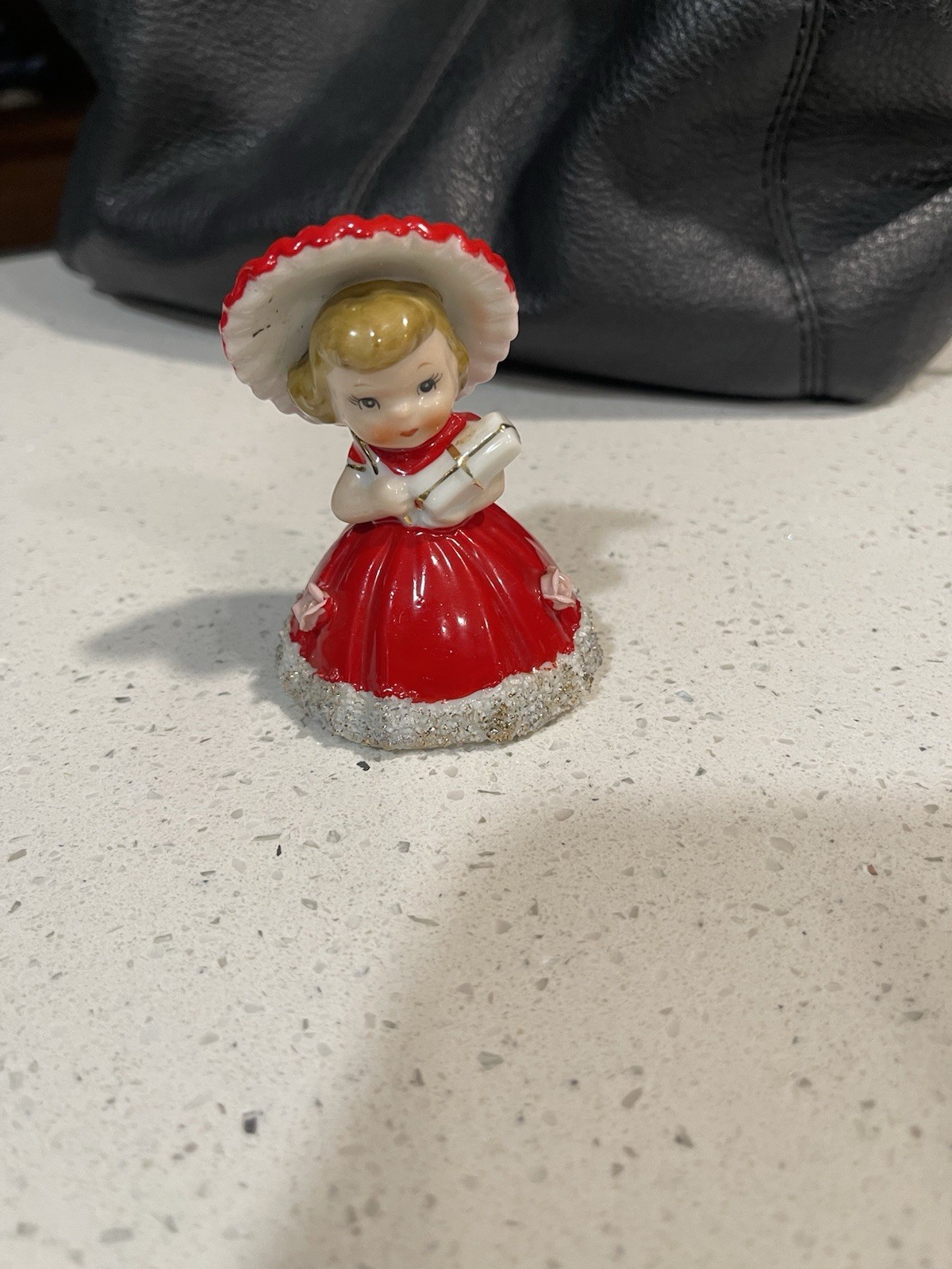 VTG Rare HTF Norcrest Japan Christmas Girl Bell with Pink Roses Holding Gift F72