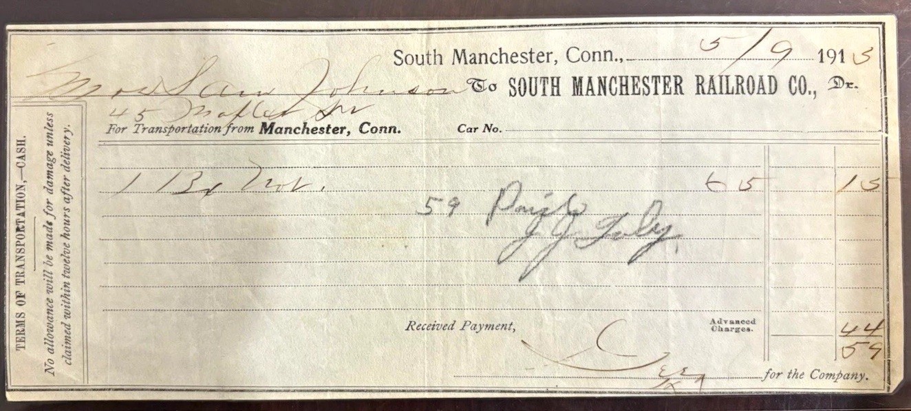 1915 South Manchester Railroad Co Manchester Conn Receipt Document