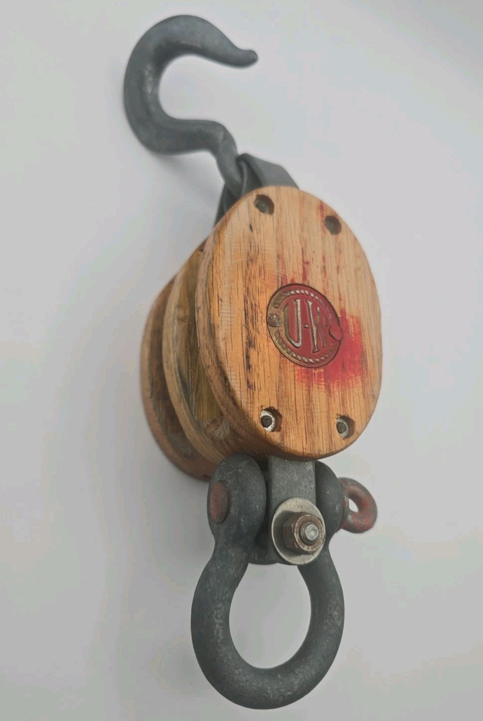 Upton Walton Vintage Wooden Double Sheave Pulley Block Tackle with Hook 4-RB