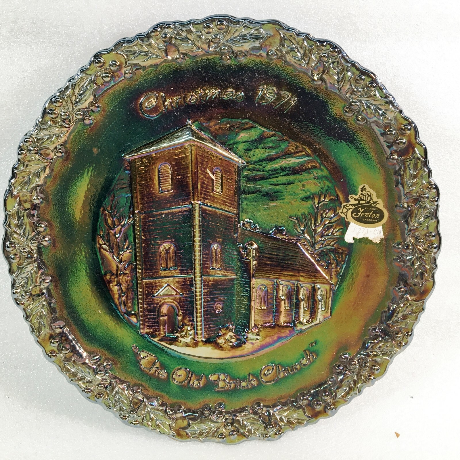 FENTON Amethyst Carnival Glass Christmas Collector Plate THE OLD BRICK CHURCH